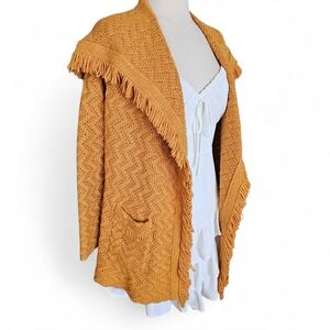Anthropologie Angel of the North Golden Yellow Fringe Cardigan Size Large